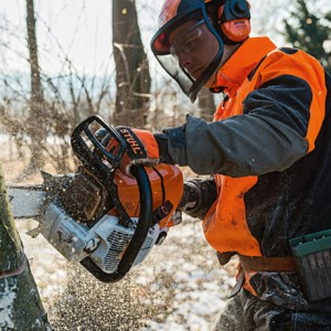 Mężczyzna używający Stihl MS 661 C-M Pilarka spalinowa do cięcia drzewa w lesie.