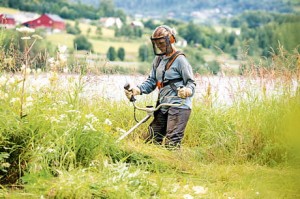 Mężczyzna używający kosy spalinowej Stihl FS 240 podczas pracy w polu.