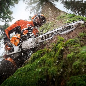 Pilarka Stihl MS 500i W z ogrzewanym uchwytem tnie drzewo