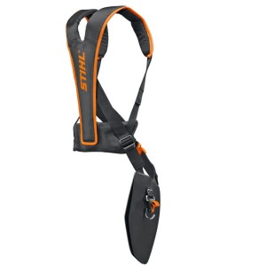 Szelki Uniwersalne Stihl Advance Plus, czarno-pomarańczowe z poduszką na ramię.