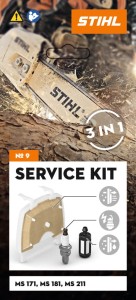 Zestaw serwisowy Stihl nr 9 do MS 171, MS 181, MS 211 na tle pilarki.