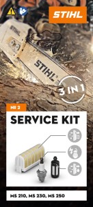 Zestaw serwisowy Stihl nr 2 do MS 210/230/250, widok na filtr powietrza, świecę zapłonową i filtr paliwa.