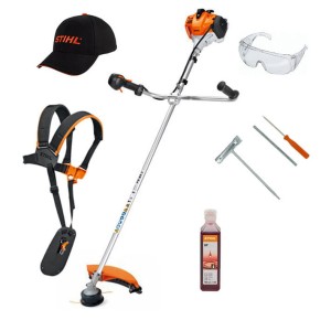 Stihl FS 94 C-E Kosa spalinowa z akcesoriami: czapką, ochraniaczami, olejem, zestawem narzędzi i uprzężą.