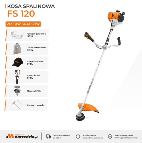 Stihl FS 120 Kosa spalinowa, Mocna (1,8 KM) kosa mechaniczna z wielofunkcyjnym uchwytem oburęcznym.