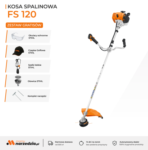 Stihl FS 120 Kosa spalinowa, Mocna (1,8 KM) kosa mechaniczna z wielofunkcyjnym uchwytem oburęcznym.