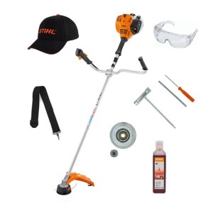Stihl FS 70 C-E Kosa spalinowa z akcesoriami: czapka, okulary ochronne, pasek, narzędzia i olej.