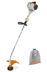 Kosa spalinowa Stihl FS 38 o mocy 0,9 KM, z uchwytem obwiedniowym i silnikiem 2-MIX, na białym tle.