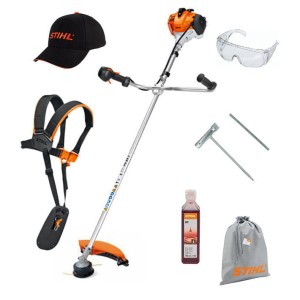 Stihl FS 94 C-E kosa spalinowa z osprzętem: uchwyt oburęczny, gogle, olej, czapka, narzędzia i torba.