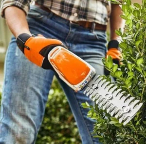 Osoba przycina krzewy przy pomocy Stihl HSA 26 Nożyc akumulatorowych, bez akumulatora i ładowarki.