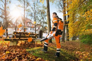 Pracownik używający Stihl BGA 100 Dmuchawa akumulatorowa do usuwania liści.