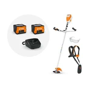 Kosa akumulatorowa Stihl FSA 80 z akumulatorem 2xAK 30, ładowarką AL 101, goglami ochronnymi i uprzężą.