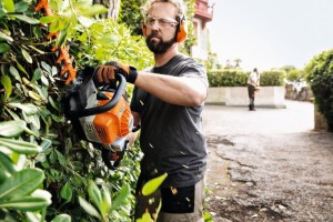 Mężczyzna przycina żywopłot za pomocą Stihl HS 82 T Nożyce spalinowe 75 cm.