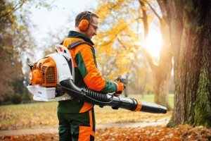 Stihl BR 450 Dmuchawa plecakowa w użyciu na tle jesiennego krajobrazu.