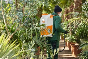 Mężczyzna z Stihl SGA 85 Akumulatorowy opryskiwacz plecakowy w ogrodzie.