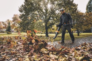 Stihl BGA 300 Dmuchawa akumulatorowa w użyciu podczas sprzątania liści w parku.