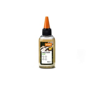 Stihl Multioil Bio 50 ml Olej w butelce z pomarańczową nakrętką.