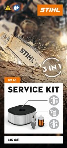 Stihl Zestaw serwisowy nr 16 do MS 661 składający się z filtra powietrza, świecy zapłonowej i filtra paliwa.