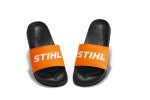 Klapki basenowe Stihl w rozmiarze 40-41, czarno-pomarańczowe z logo.