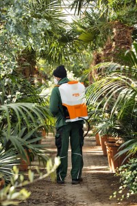 Stihl SGA 85 Akumulatorowy opryskiwacz w użyciu przez pracownika w szklarni pełnej roślin.
