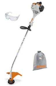 Kosa spalinowa Stihl FS 38 o mocy 0,9 KM, silnik 2-MIX, uchwyt obwiedniowy, w zestawie okulary ochronne i worek.