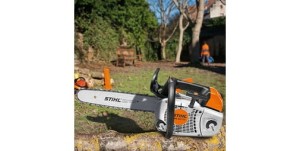 Mocna pilarka Stihl MS 201 TC-M do pielęgnacji drzew z M-Tronic na tle ogrodu.