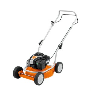 Stihl RM 2 R Kosiarka do mulczowania z pomarańczową obudową i srebrnym uchwytem.