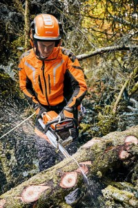Pracujący operator używający Stihl MS 261 C-M VW Pilarka spalinowa.
