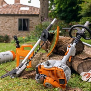 Stihl KM 56 RC-E KombiMotor na trawniku z akcesoriami w ogrodzie.