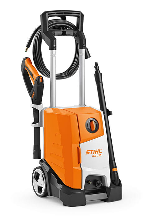 Stihl RE 110 Myjka wysokociśnieniowa 110 barów w kolorze pomarańczowo-białym.