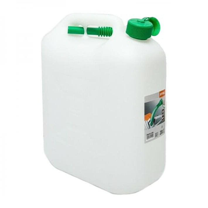 20L biały kanister Stihl z zieloną nakrętką.