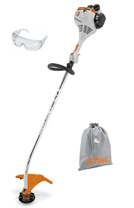 Kosa spalinowa Stihl FS 38 o mocy 0,9 KM, silnik 2-MIX, uchwyt obwiedniowy, w zestawie okulary ochronne i worek.