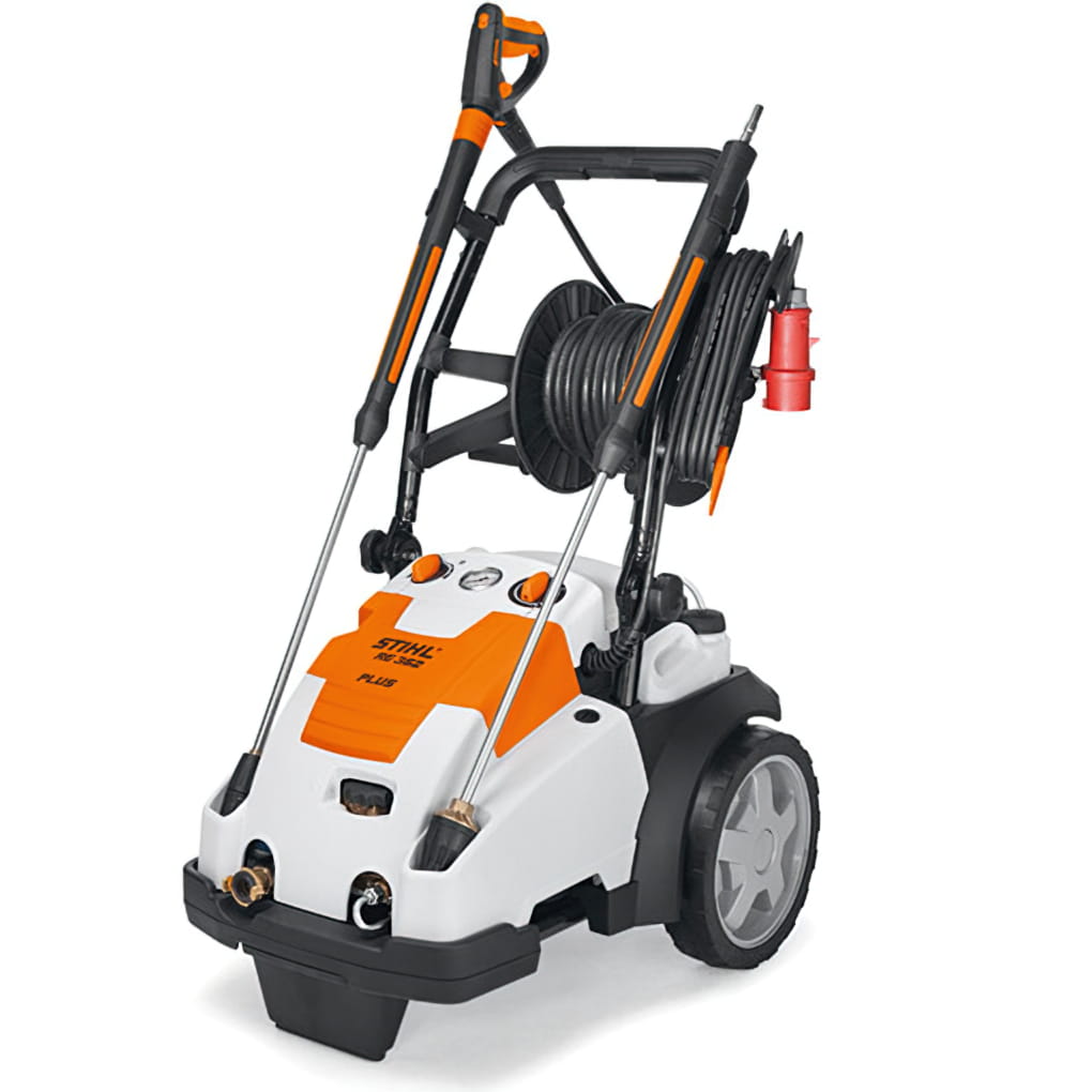 Stihl RE 362 PLUS Myjka wysokociśnieniowa na kółkach z wężem i pistoletem natryskowym.